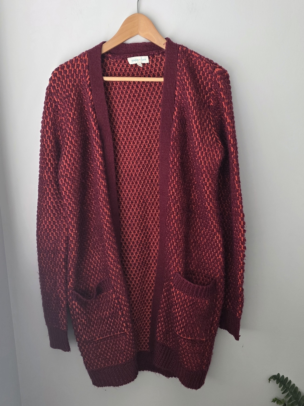 Grace & Lace Chunky Knit Open Front Cardigan Women's Medium Burgundy Coral